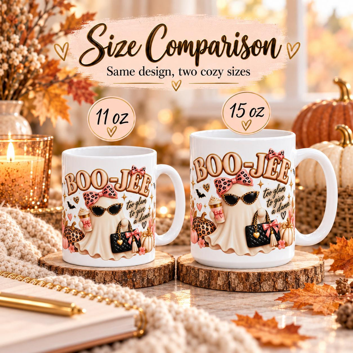 Size comparison mockup showing the Boo-Jee ghost mug design in both 11 oz and 15 oz sizes side by side in a warm rustic autumn setting with soft seasonal decor.