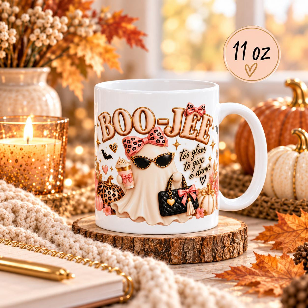 11 oz Boo-Jee mug mockup featuring a stylish ghost design in a rustic fall scene with cozy neutral decor, autumn accents, and a size label in the corner.