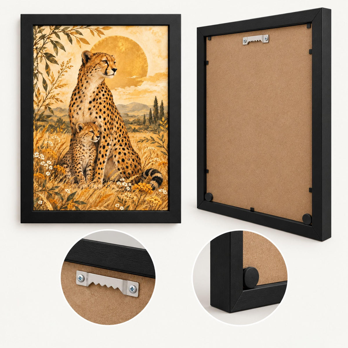 Product construction mockup showing the black framed cheetah print from the front and back with frame depth and hanging details.