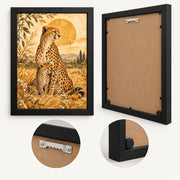 Product construction mockup showing the black framed cheetah print from the front and back with frame depth and hanging details.