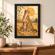 Framed cheetah print styled on a console table with a lamp and neutral accessories in a cozy modern room.