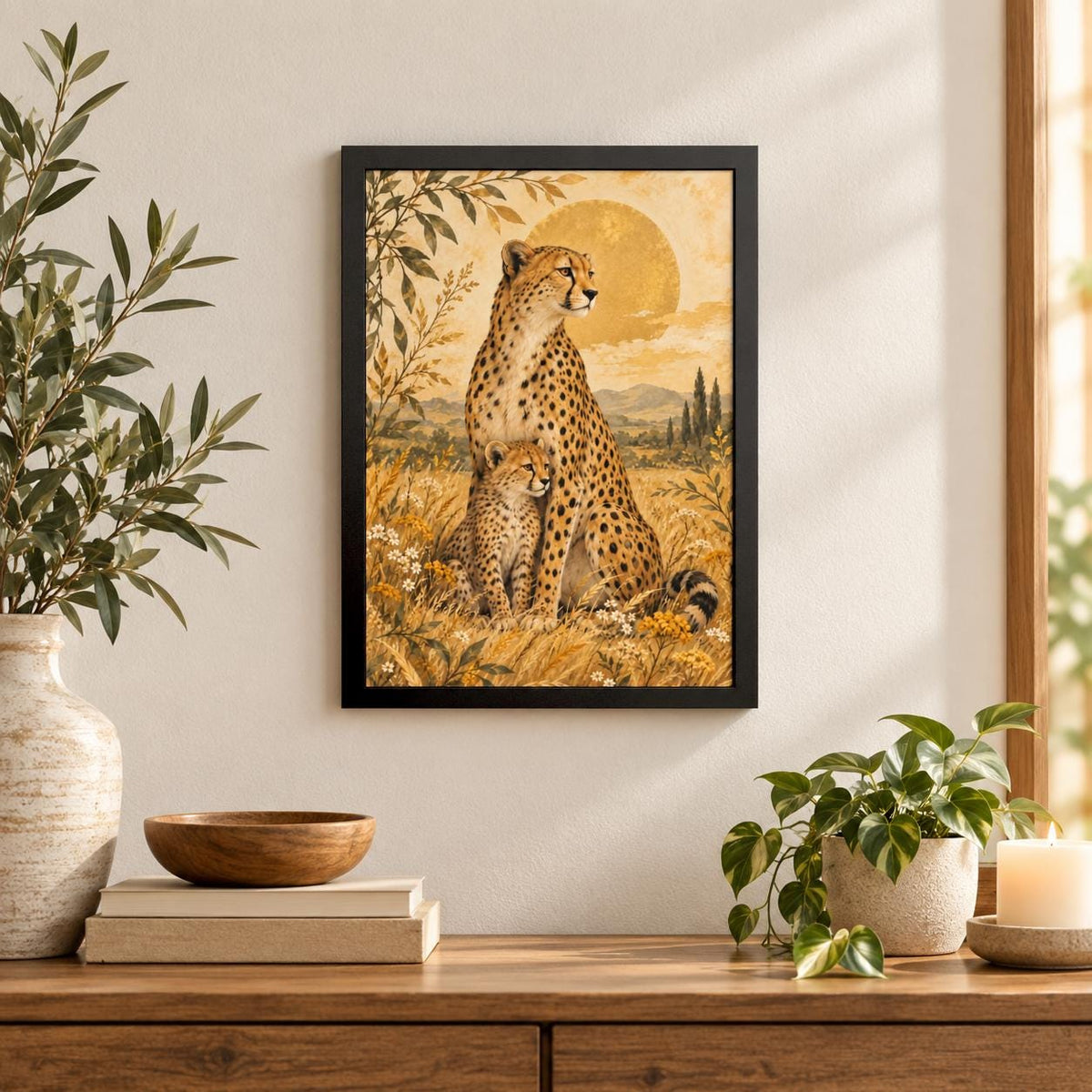 Vertical cheetah mother and cub wall art styled in a bright room with warm sunlight, greenery, and minimalist furnishings.