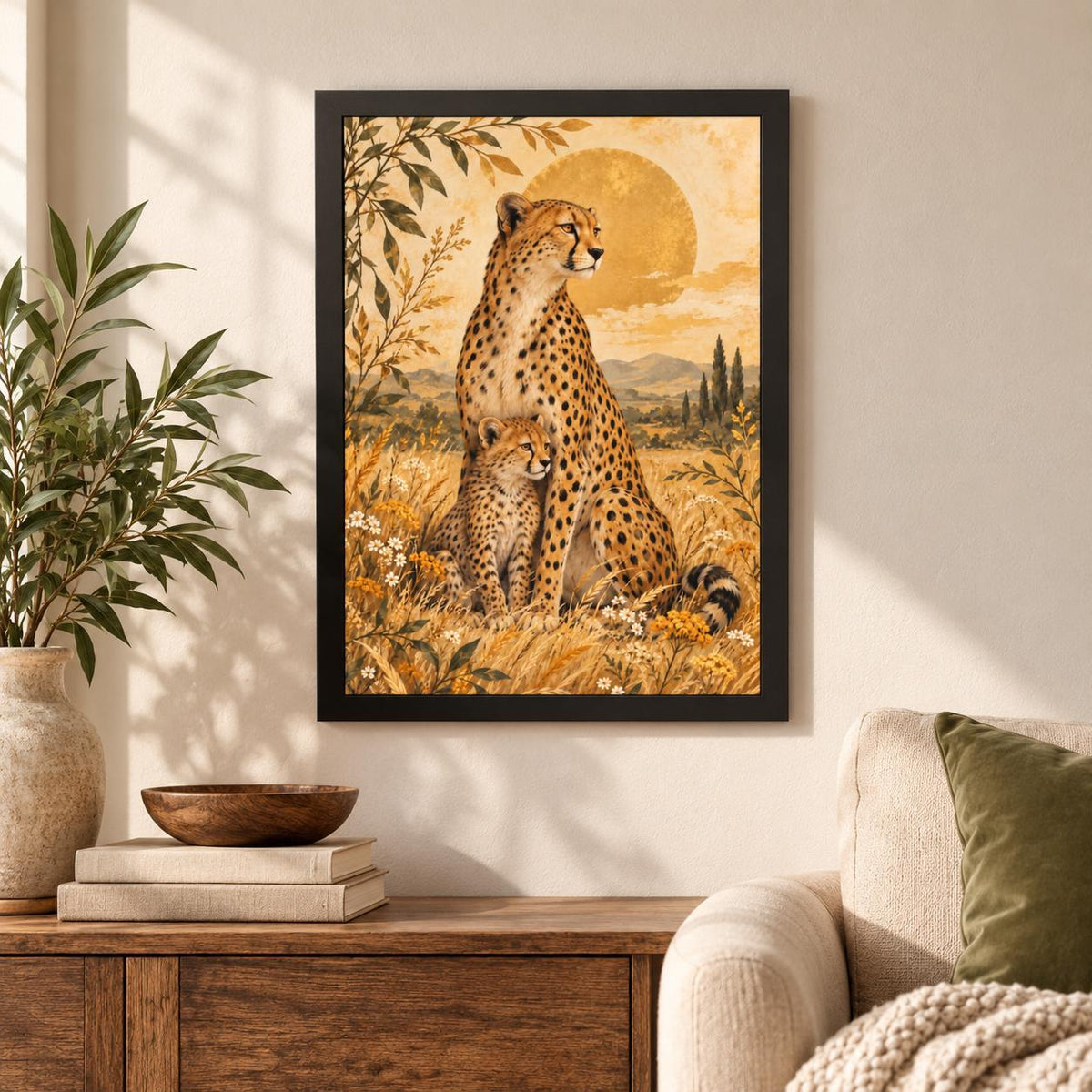Framed golden cheetah artwork displayed above a wood cabinet in a cozy sunlit interior with botanical accents.