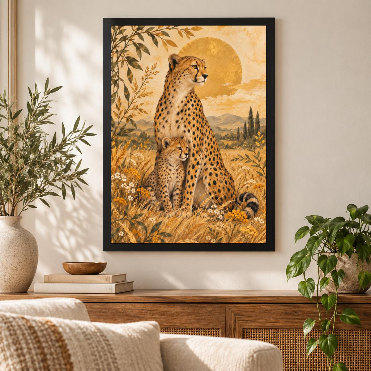 Large vertical wildlife print shown above a sofa in a warm neutral living room with plants and natural wood decor.