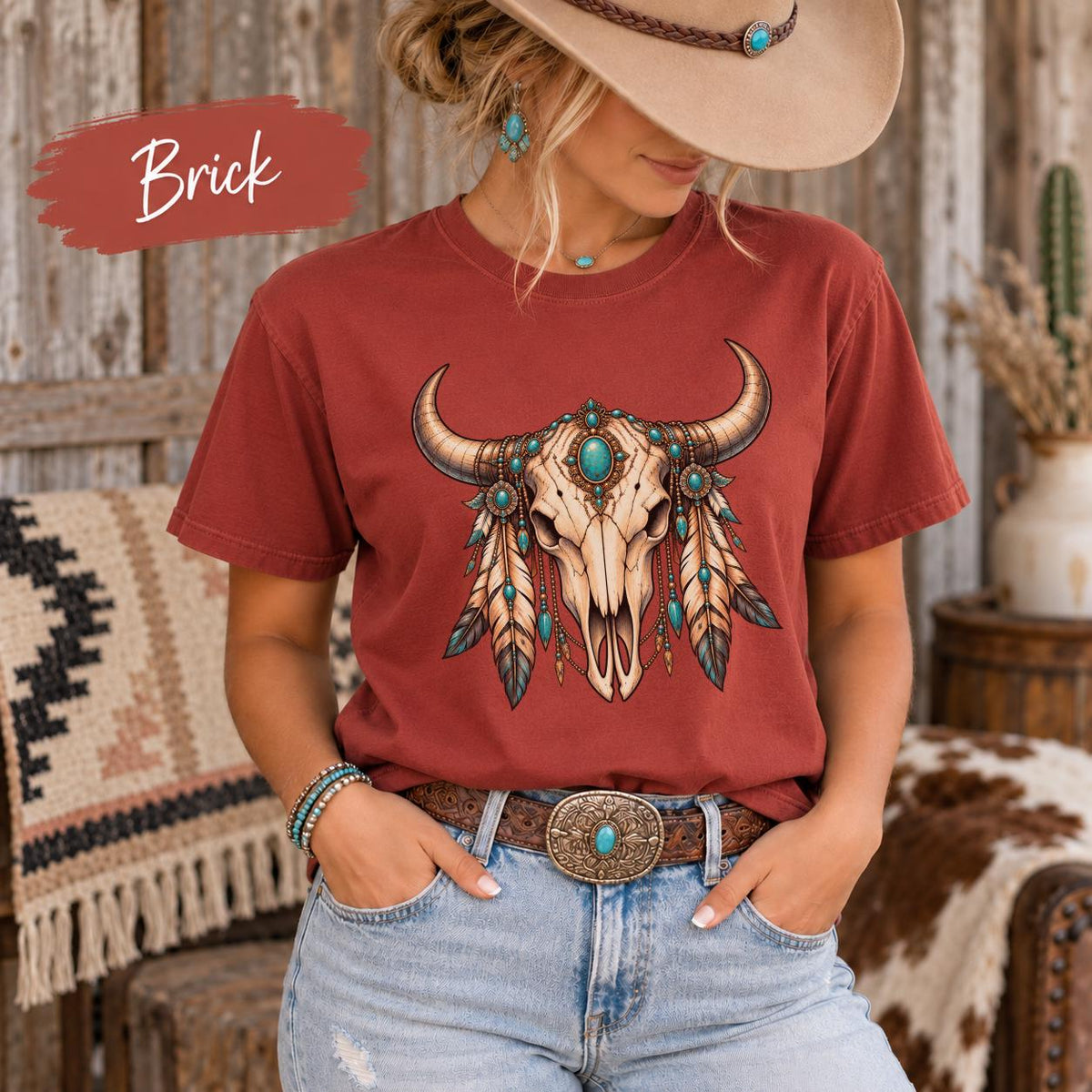 Brick Comfort Colors shirt featuring the turquoise bull skull design with detailed jewelry and rustic Western accents.