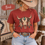Brick Comfort Colors shirt featuring the turquoise bull skull design with detailed jewelry and rustic Western accents.