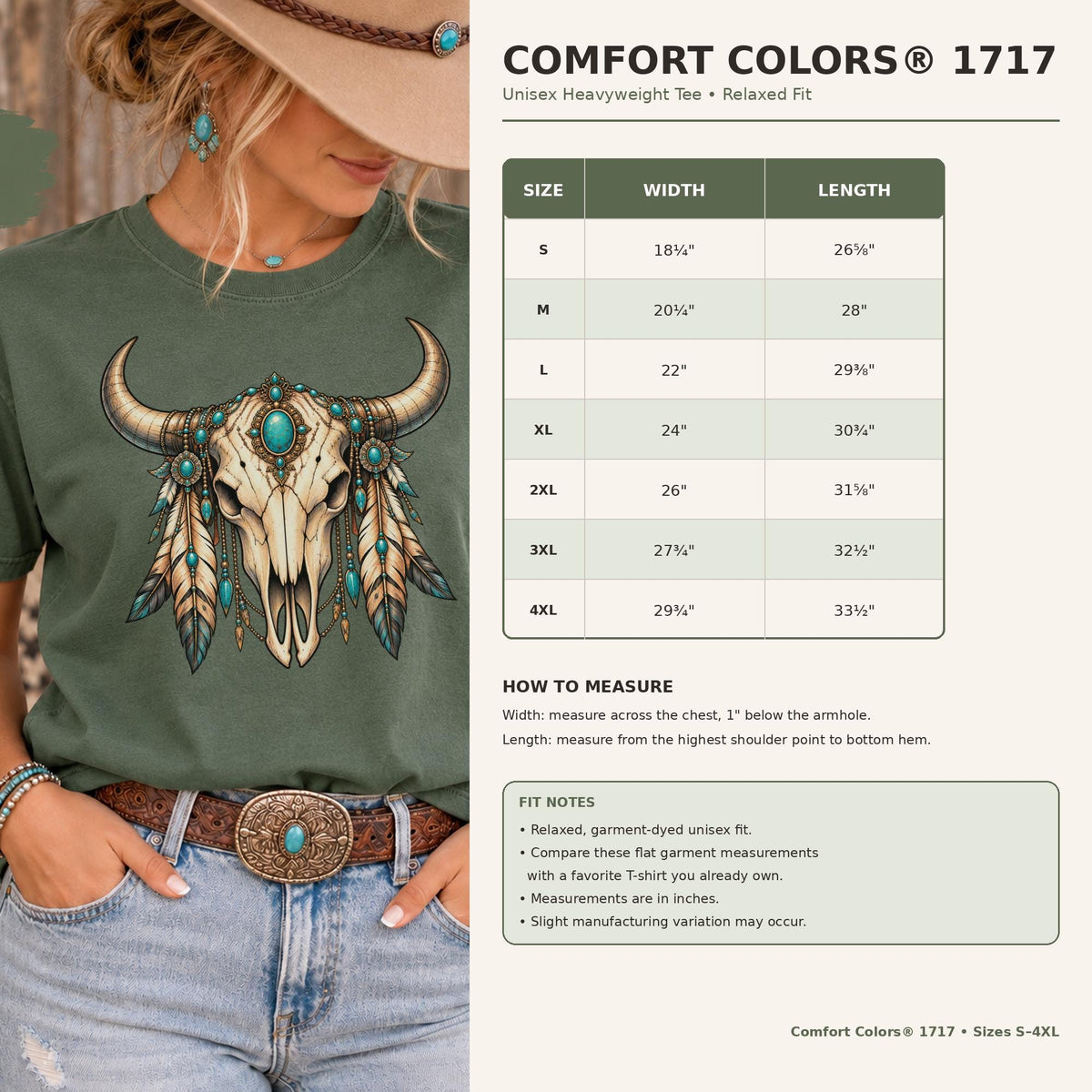 Comfort Colors 1717 size chart showing unisex measurements, fit guidance, and sizing information for the Western bull skull shirt.