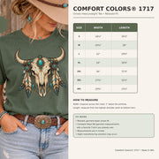 Comfort Colors 1717 size chart showing unisex measurements, fit guidance, and sizing information for the Western bull skull shirt.