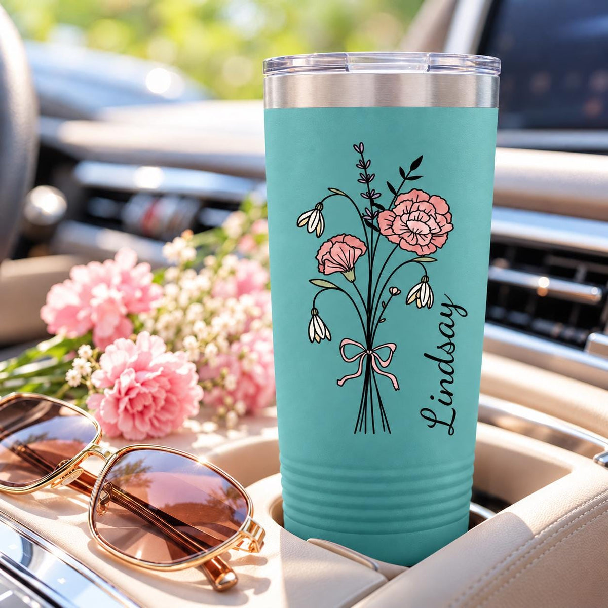 Teal 20oz tumbler featuring the same floral name design with contrasting black stems and soft pink blossoms.