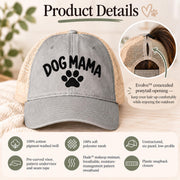 Product information mockup showing the Dog Mama cap with key hat features, mesh back, ponytail opening, and construction details.