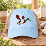 Cashmere blue cap showcasing the embroidered mallard duck with tan mesh panels and curved visor.