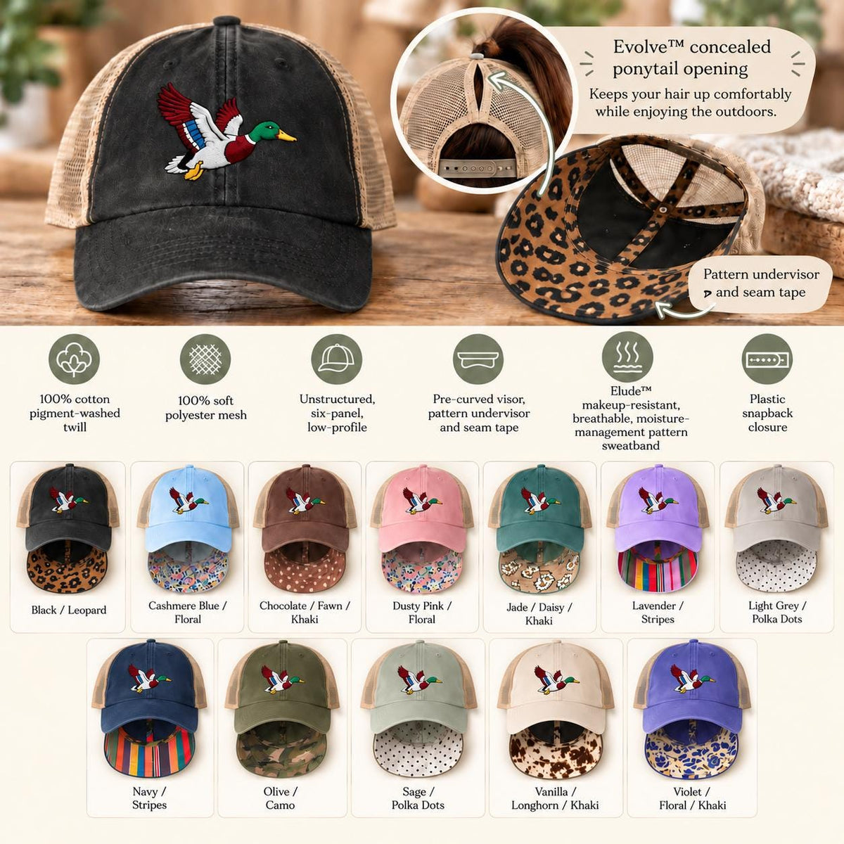Color options mockup showing multiple women’s washed mesh-back caps with embroidered mallard duck designs and patterned under visors.