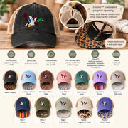 Color options mockup showing multiple women’s washed mesh-back caps with embroidered mallard duck designs and patterned under visors.
