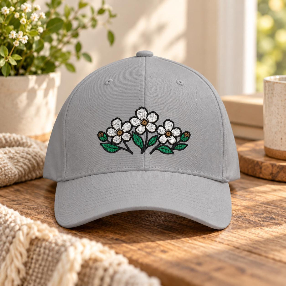 Grey Flexfit hat displaying the floral embroidery with white blossoms and green botanical accents on a curved bill cap.