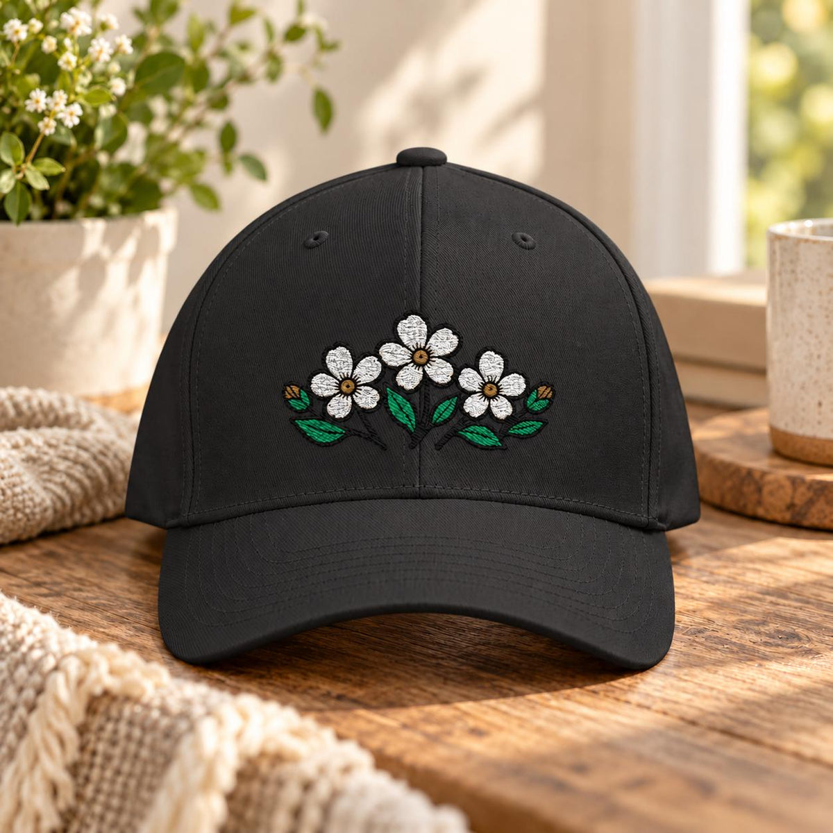 Black structured cap featuring the small flower bouquet embroidery for a simple botanical look.