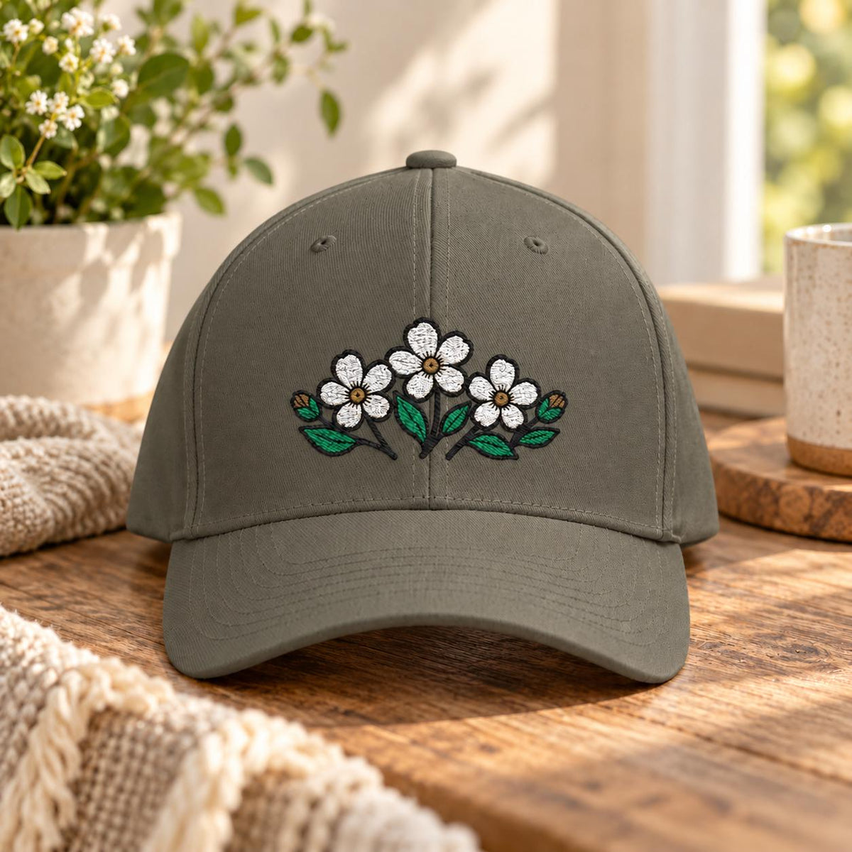 Dark olive structured cap featuring the same botanical flower embroidery with a clean minimalist style.