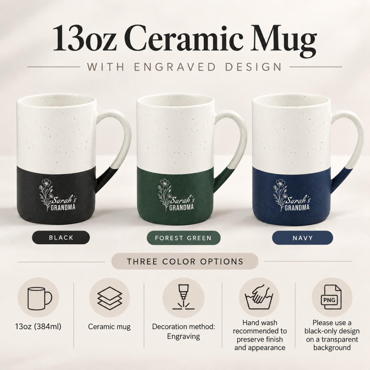 Product information mockup for the 13oz engraved ceramic mug showing black, muted teal, and navy options with key features, care details, and personalization information.