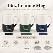 Product information mockup for the 13oz engraved ceramic mug showing black, muted teal, and navy options with key features, care details, and personalization information.