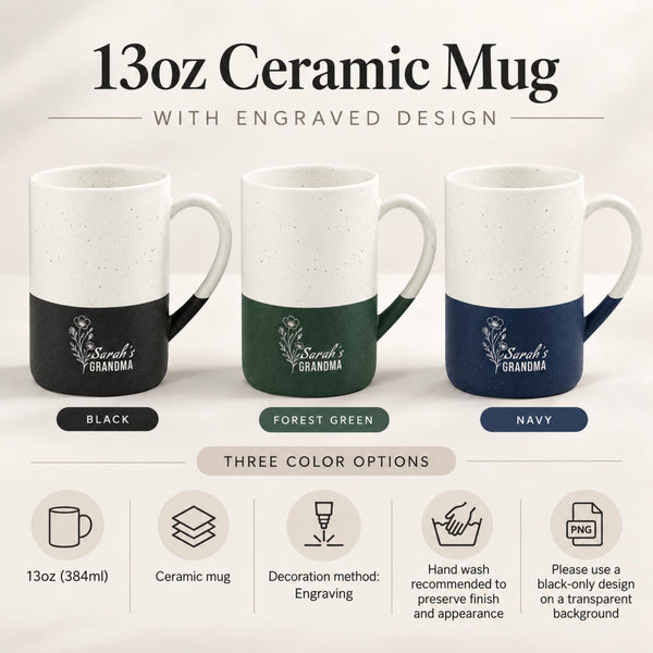 Product information mockup for the 13oz engraved ceramic mug showing black, muted teal, and navy options with key features, care details, and personalization information.