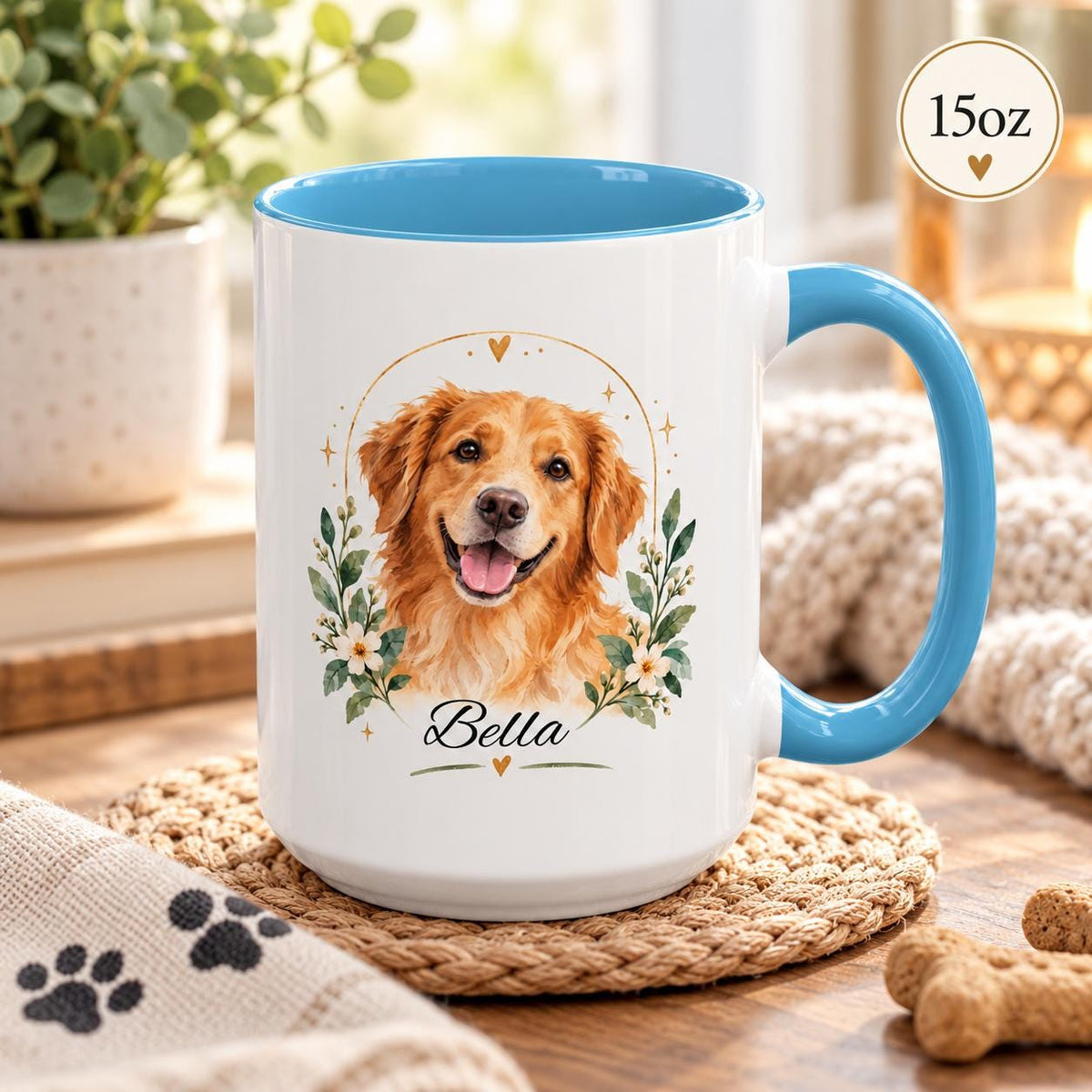 15oz light blue accent mug showcasing the watercolor golden retriever artwork with botanical details and custom name.