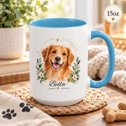 15oz light blue accent mug showcasing the watercolor golden retriever artwork with botanical details and custom name.