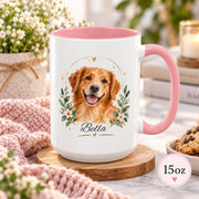 15oz pink accent mug showcasing the golden retriever illustration with greenery, flowers, and custom name.