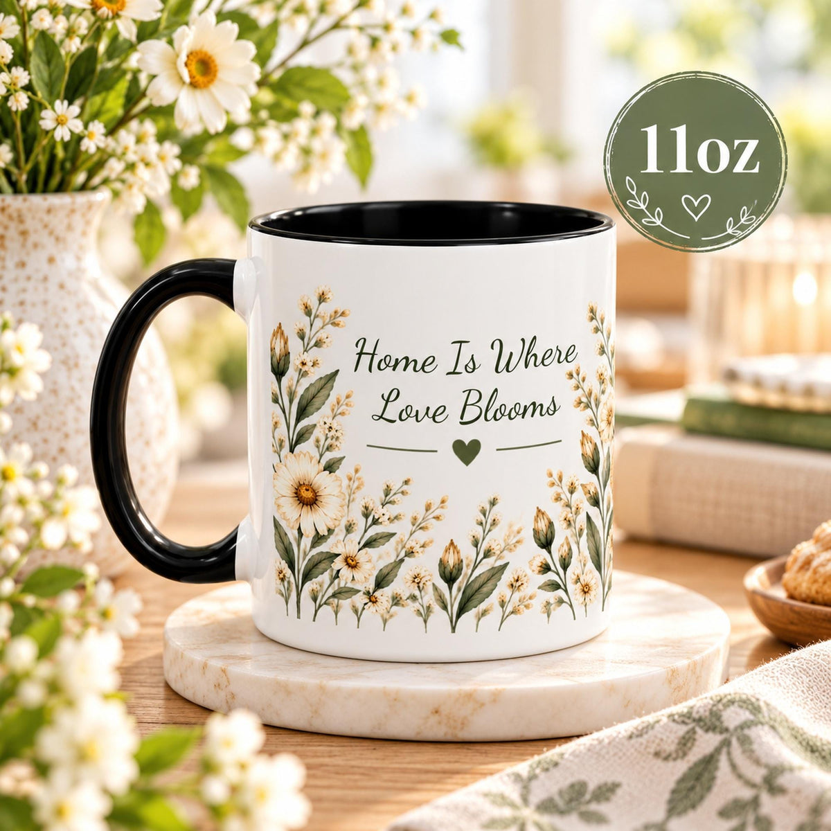 11oz ceramic mug displaying the floral “Home Is Where Love Blooms” design with black accent handle and interior in a bright kitchen setting.