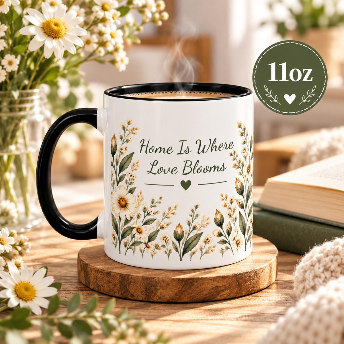 11oz black accent mug showcasing the floral phrase design with daisies, greenery, and warm botanical details.