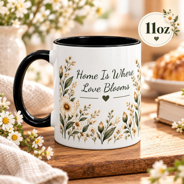 White accent mug with black handle and interior featuring the quote “Home Is Where Love Blooms” surrounded by delicate wildflowers and botanical details.