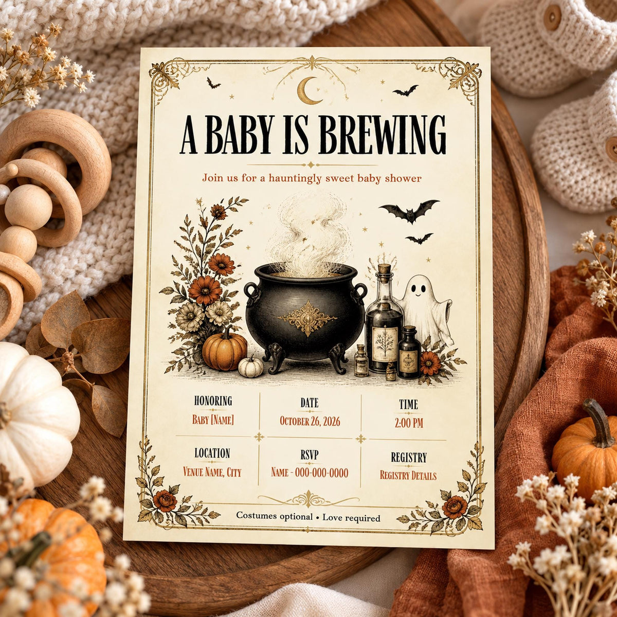 Vintage A Baby Is Brewing Halloween baby shower invitation with gothic pumpkins, celestial accents and editable Canva event details.