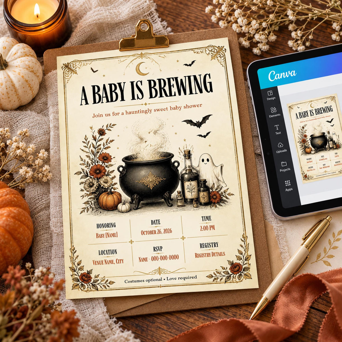 Vintage A Baby Is Brewing Halloween baby shower invitation with gothic pumpkins, celestial accents and editable Canva event details.