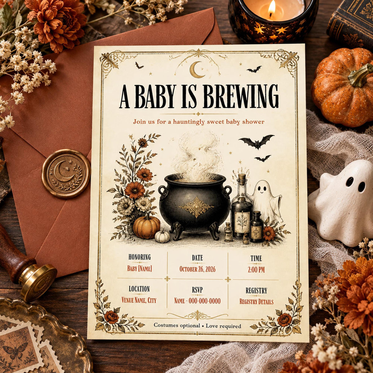 Vintage A Baby Is Brewing Halloween baby shower invitation with gothic pumpkins, celestial accents and editable Canva event details.