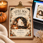 Editable Little Boo Is Almost Due Canva invitation shown beside a laptop with a clean autumn workspace.