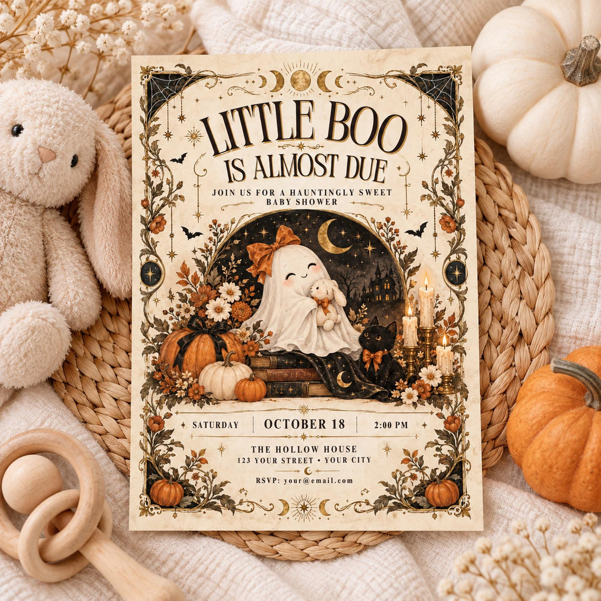 Ghost baby shower invitation styled with soft baby accessories, wooden toys, pumpkins and neutral nursery textures.