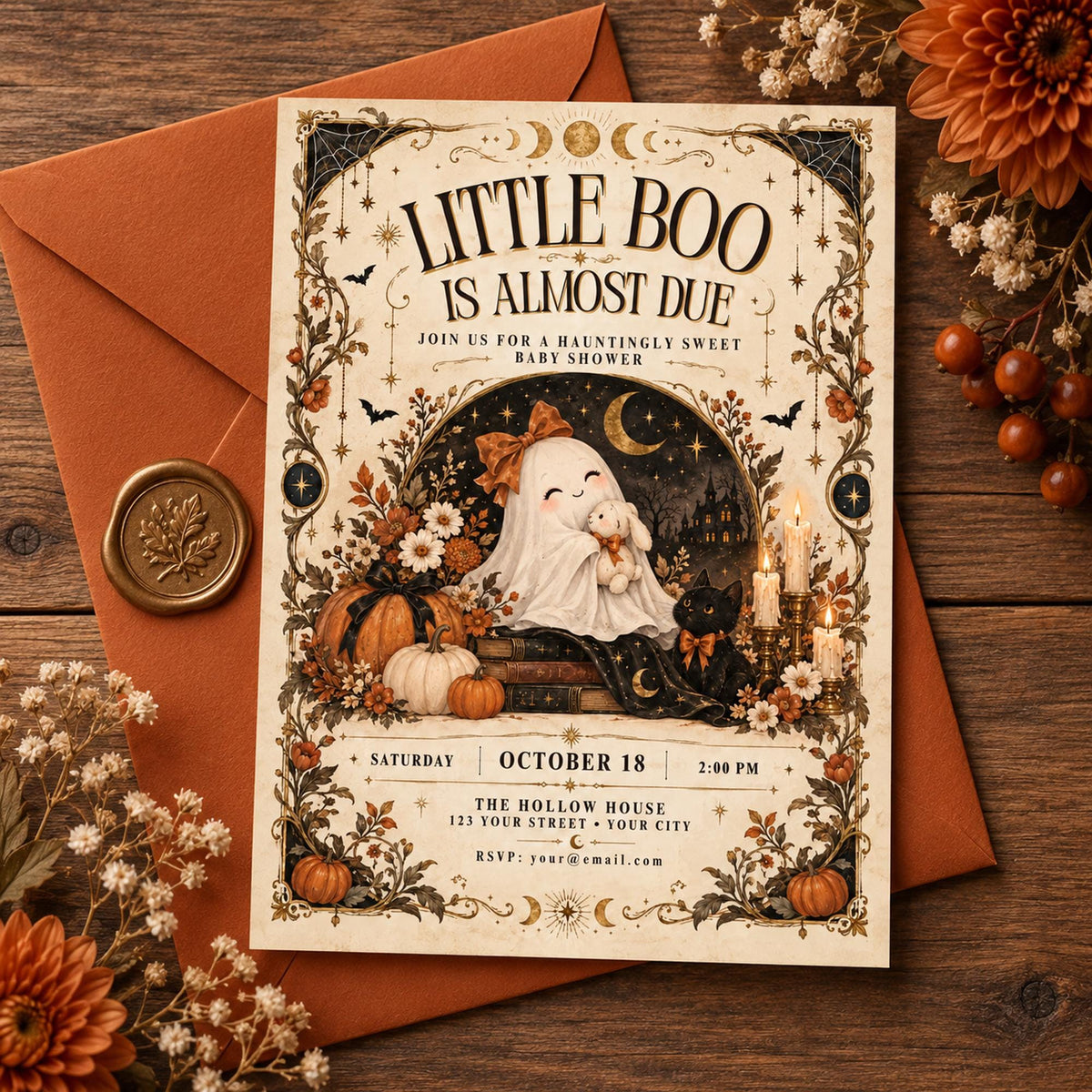 Little Boo Is Almost Due invitation paired with a rust envelope, wax seal and dried fall florals.