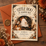 Little Boo Is Almost Due invitation paired with a rust envelope, wax seal and dried fall florals.