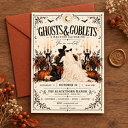 Ghosts and Goblets printable invitation styled with a rust envelope, wax seal, and simple autumn florals.