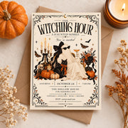 The Witching Hour Halloween invitation displayed on a clean autumn flatlay with envelope, pumpkin, candle, and dried florals.