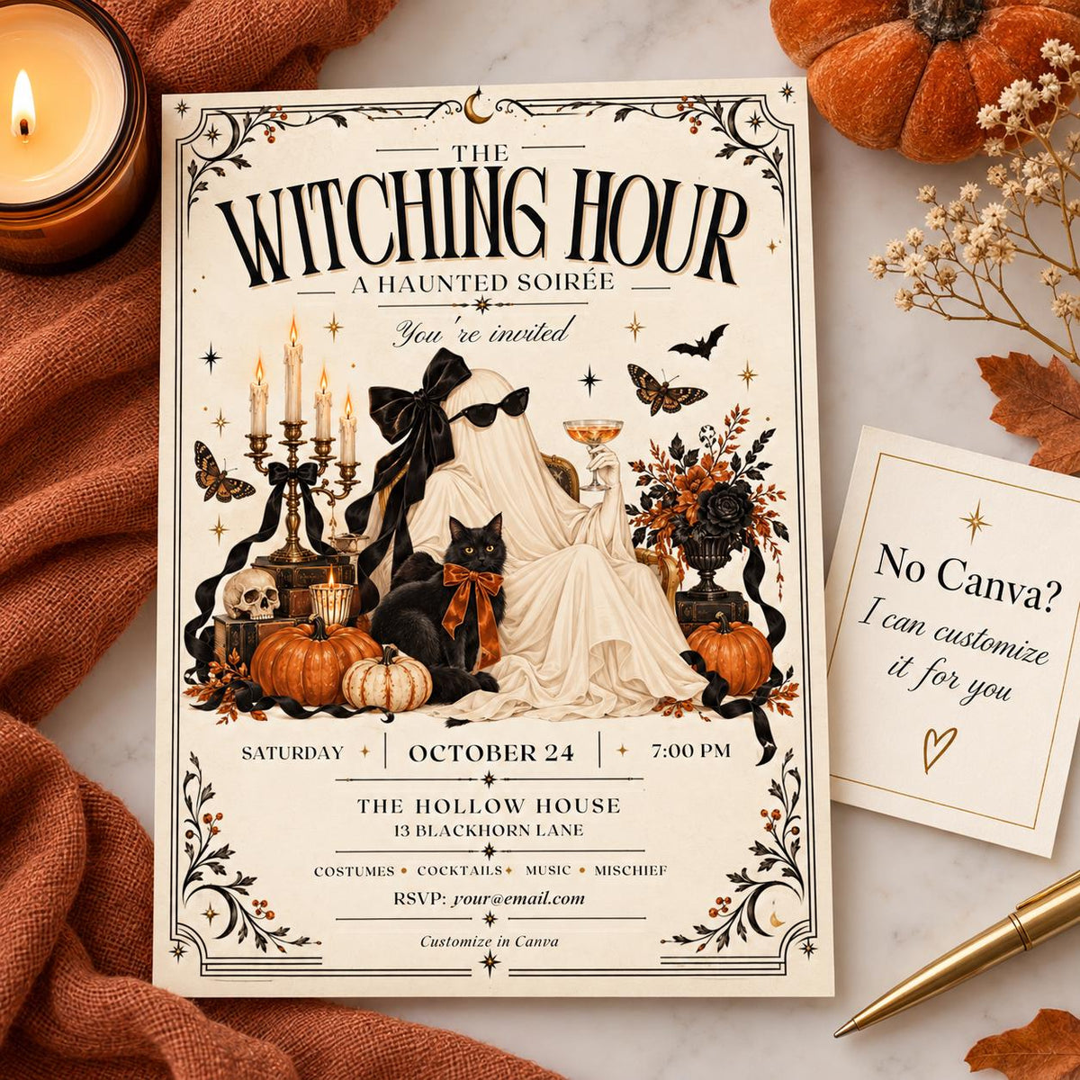 Editable Halloween party invitation shown with a note offering seller customization for buyers who prefer not to use Canva.