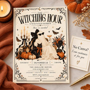Editable Halloween party invitation shown with a note offering seller customization for buyers who prefer not to use Canva.