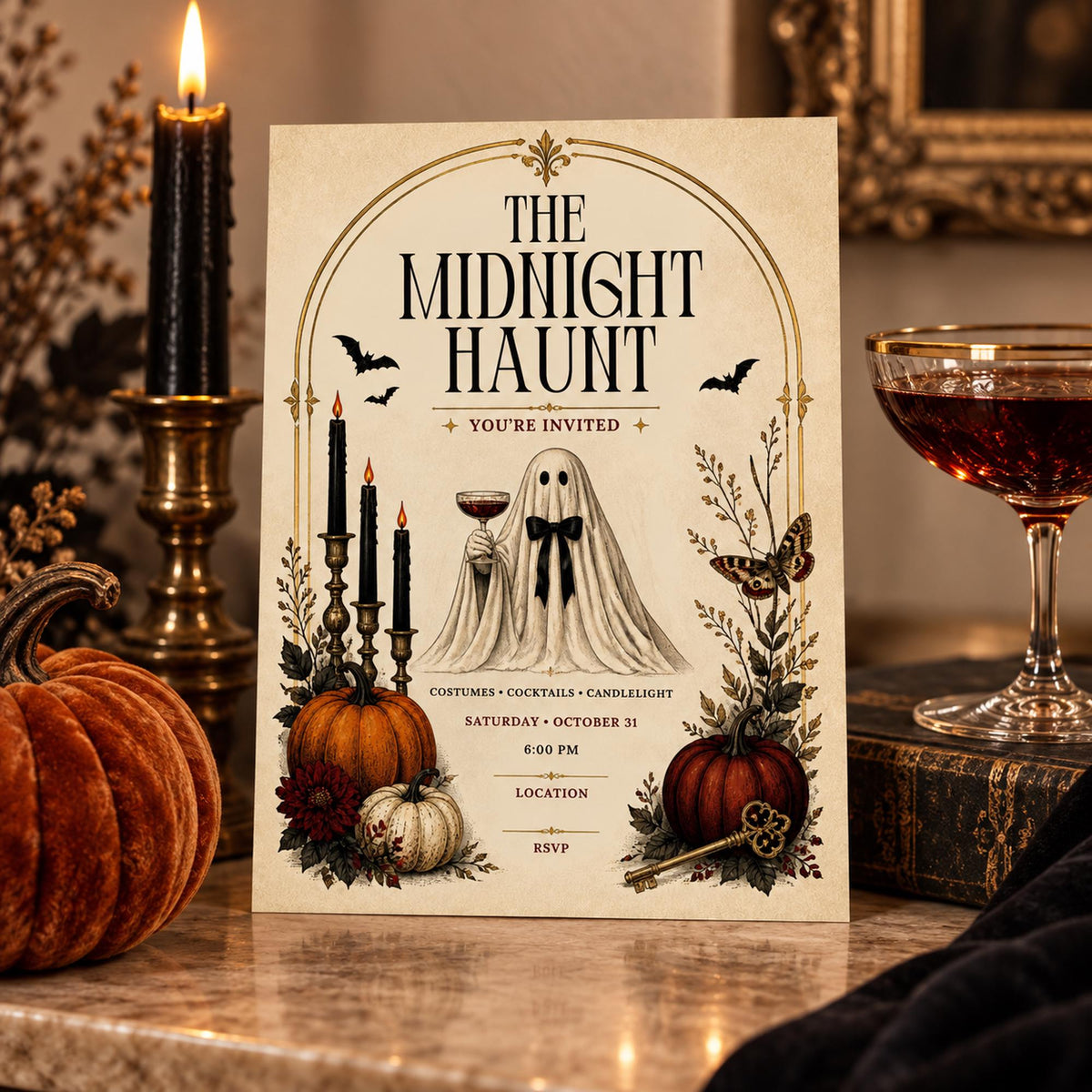 Midnight Haunt printable invitation styled with black candle, pumpkin, cocktail glass, antique books, and dark fall decor.