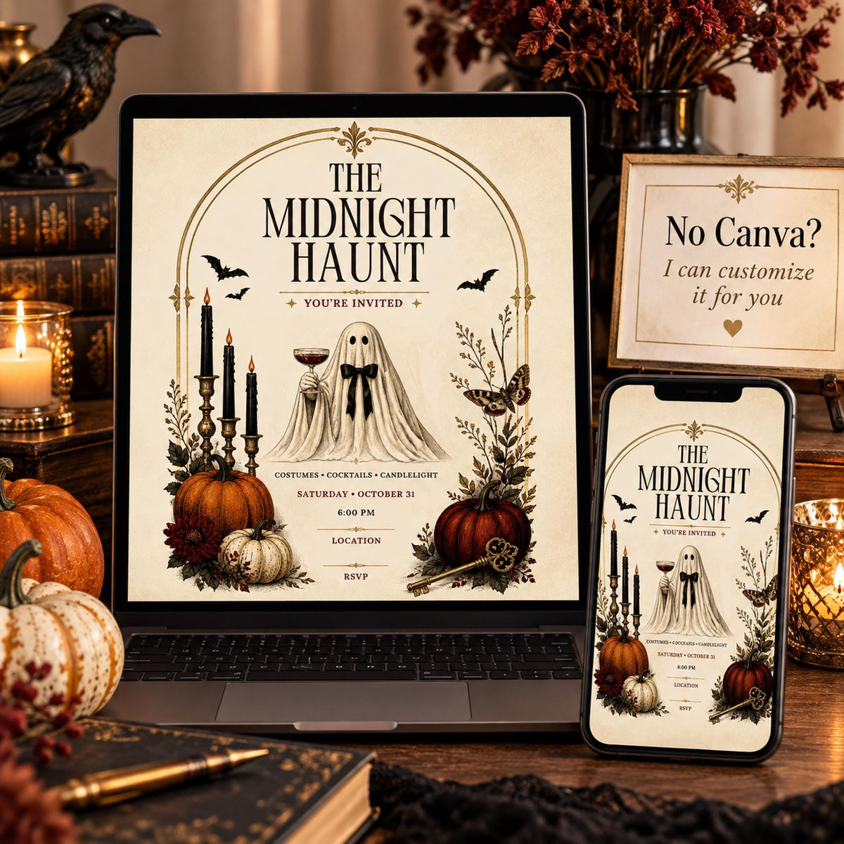 Editable Halloween invitation displayed digitally with a note offering seller customization for buyers who prefer not to use Canva.