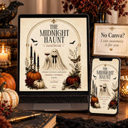 Editable Halloween invitation displayed digitally with a note offering seller customization for buyers who prefer not to use Canva.