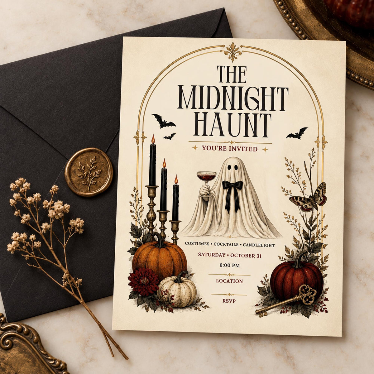 Vintage Halloween invitation paired with a black envelope, wax seal, and dried florals on a neutral surface.