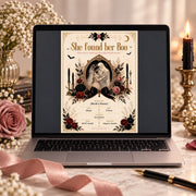 Editable She Found Her Boo bridal shower invitation displayed on a laptop in an elegant romantic workspace.
