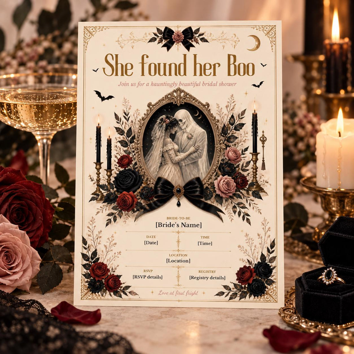 She Found Her Boo invitation styled with champagne glass, roses, black lace, candles, and bridal details.