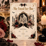 She Found Her Boo invitation styled with champagne glass, roses, black lace, candles, and bridal details.