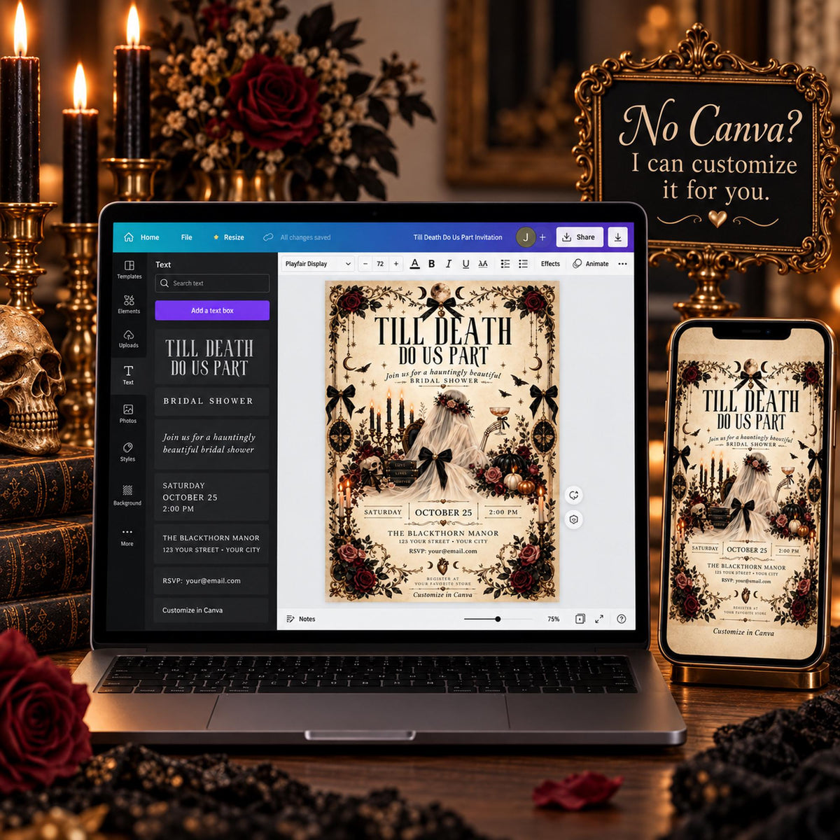 Gothic bridal shower Canva template shown on laptop and phone with customization options visible for buyers.