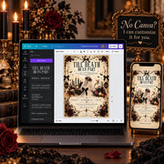 Gothic bridal shower Canva template shown on laptop and phone with customization options visible for buyers.
