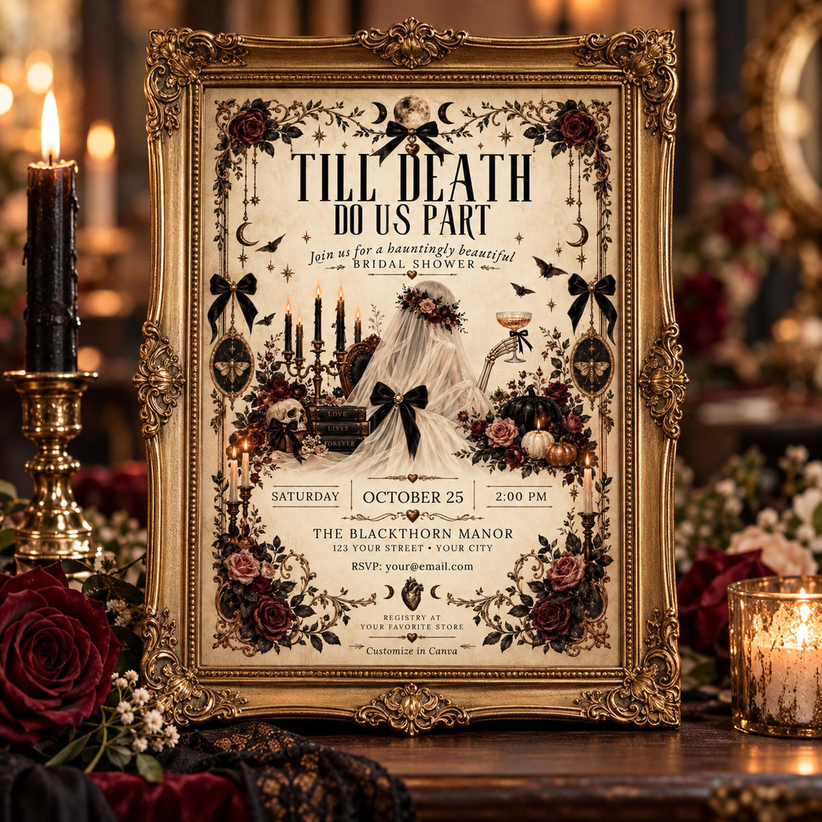 Vintage gothic bridal shower invitation displayed in an ornate gold frame with black candles and roses.